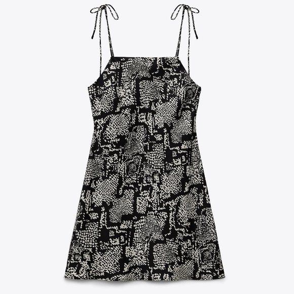 NEW Zara Silky Adjustable Tie Straps Straight Neck Printed Mini Dress Black L - Picture 6 of 9
